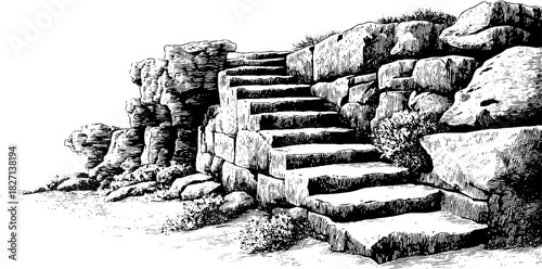 Rustic stone stairway surrounded by nature - engraved decorative illustration for design