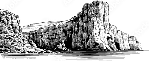 Engraved decorative illustration of tall rugged sea cliffs for coastal design