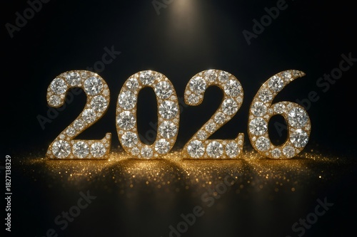 2026 number fashioned from diamonds and gold, shimmering on a bed of golden glitter with a dark background