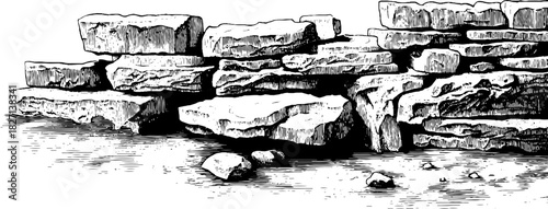 Vintage engraved illustration of uneven cobblestone fragments for retro design