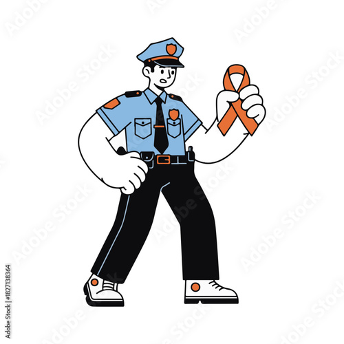 A police officer holding an orange awareness ribbon. Flat design vector illustration of law enforcement supporting a cause. Public safety and community campaign concept.