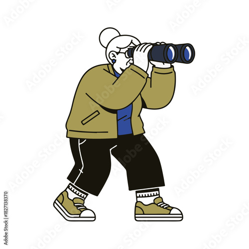Senior woman with binoculars searching and exploring. Modern flat line art illustration of a character observing. Isolated vector graphic
