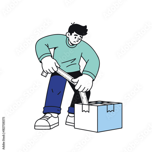 Man packing a cardboard box with tape. Cartoon vector illustration for moving and shipping concepts. Character sealing a package isolated on a white background