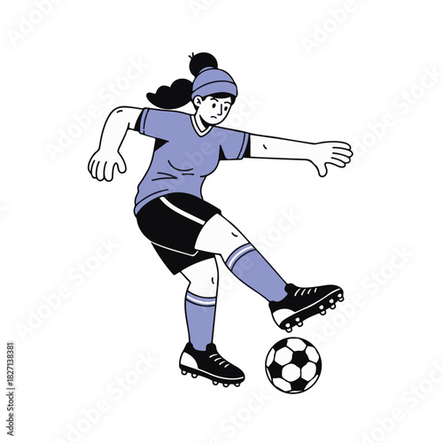 A female soccer player kicking a ball in action. Modern flat design and line art vector illustration. Isolated women's sports character.