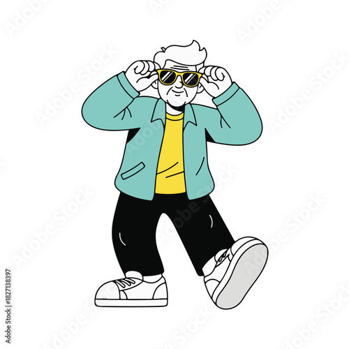 Cool elderly person cartoon illustration. Stylish senior character adjusting sunglasses. Modern vector graphic for active aging concepts