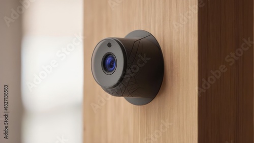 Close up of a modern smart home security camera mounted on a wooden surface.