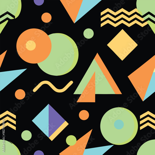 Seamless geometric Memphis pattern on black background. Dark mode abstract texture with neon triangles, circles and lines. Modern retro 90s style vector.