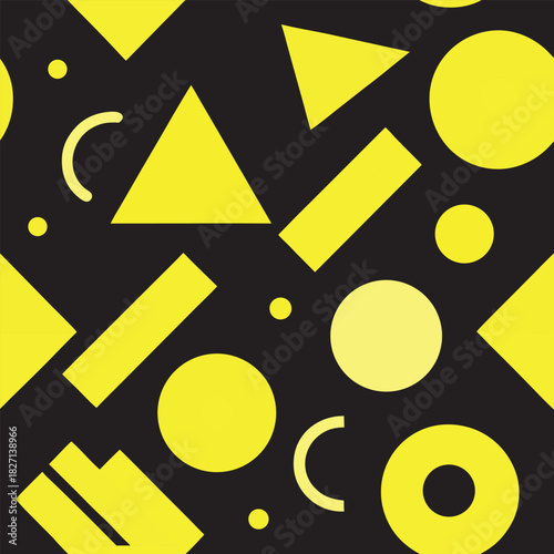 Seamless geometric Memphis pattern on black background. Dark mode abstract texture with neon triangles, circles and lines. Modern retro 90s style vector.