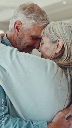 Love, dancing and senior couple in home for bonding, connection and commitment together. Retirement, house and elderly man and woman for care, relationship and marriage with movement, music and song