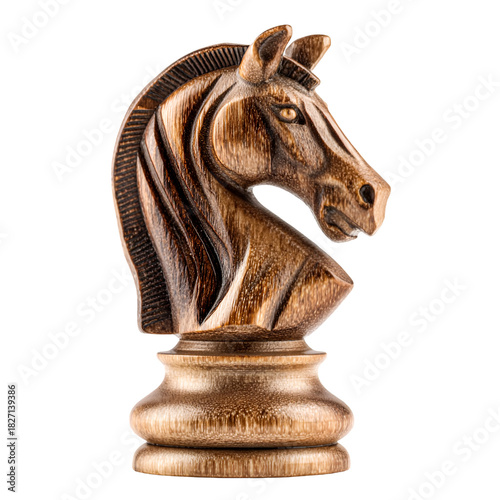 Detailed wooden chess piece knight with intricate carving isolated on transparent background