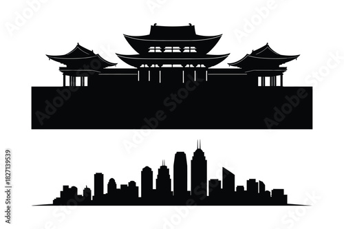 Silhouettes of traditional asian architecture and modern city skyline