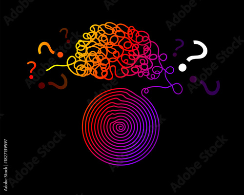 Tangle and unraveling thread of thoughts drawn in one continuous line colored. Concept of psychotherapy, mental health, problem solving. Vector editable line illustration.