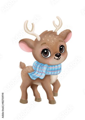 Cute Baby Deer with Blue Scarf – Adorable Winter Woodland Animal Illustration on Transparent Background