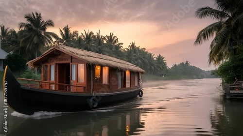Traditional wooden houseboat cruising on a misty tropical backwater canal at sunrise or sunset surrounded by palm trees