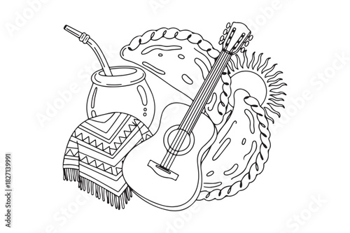 Traditional south american cultural symbols line art illustration