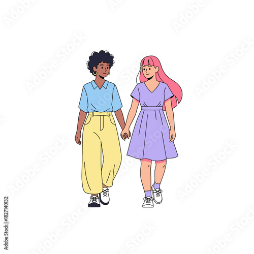 Young queer couple walking hand in hand with casual outfits  