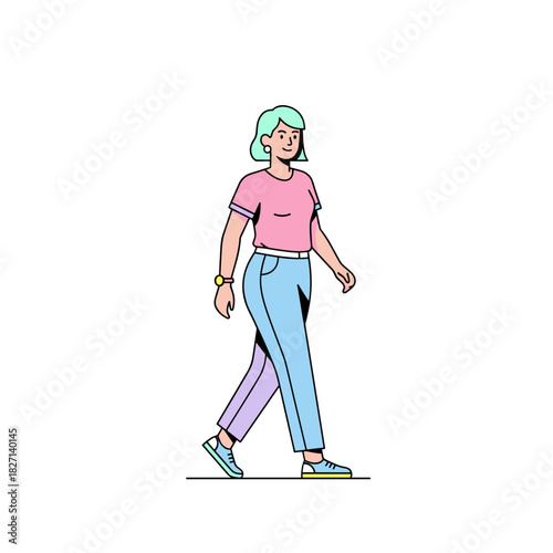 Transgender woman walking casually in sporty outfit on plain background  