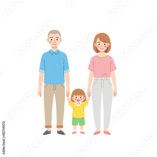 Happy family with child standing together wearing casual outfits  