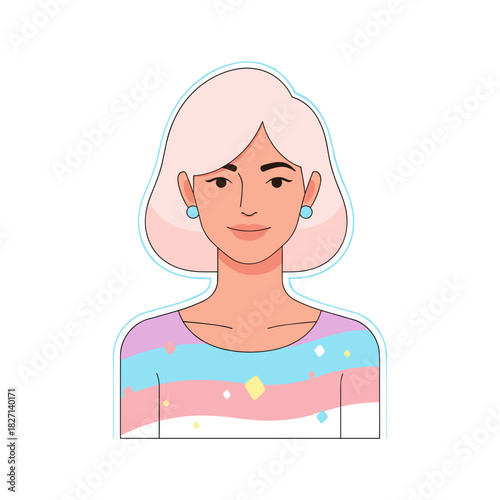 Proud trans woman with short hair wearing a colorful top  