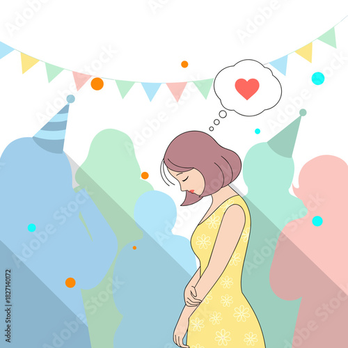 Shy woman contemplating love at party with colorful decorations  