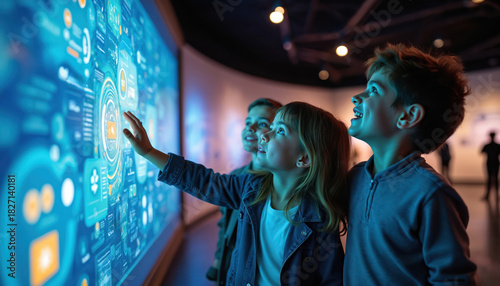 Three kids explore large interactive digital screen at modern tech Girl touches glowing blue display with data visuals. Children learn, engage with future innovation in science museum. Look happy,