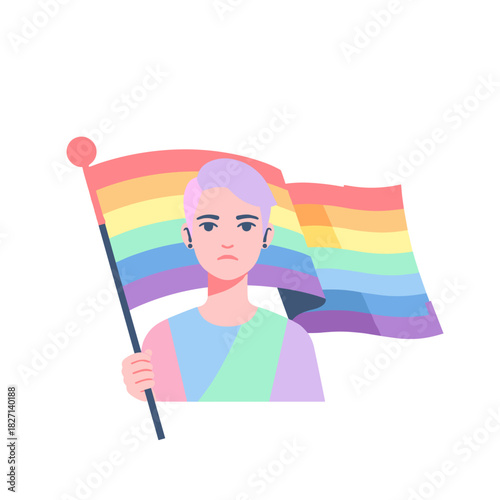 Non-binary person holding a rainbow flag with a serious expression  