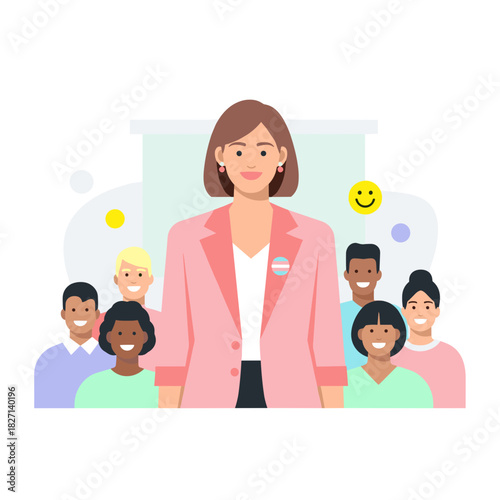 Confident woman leading diverse group of people in community event  