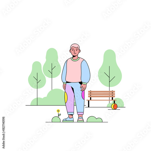 Non-binary person standing in a park with greenery and a bench  