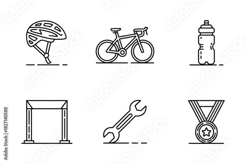 Cycling icons featuring helmet bike water bottle finish line wrench and medal