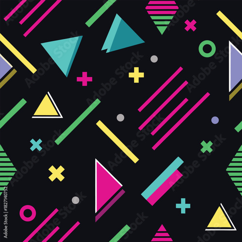 Seamless geometric Memphis pattern on black background. Dark mode abstract texture with neon triangles, circles and lines. Modern retro 90s style vector.