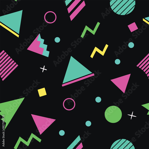 Seamless geometric Memphis pattern on black background. Dark mode abstract texture with neon triangles, circles and lines. Modern retro 90s style vector.