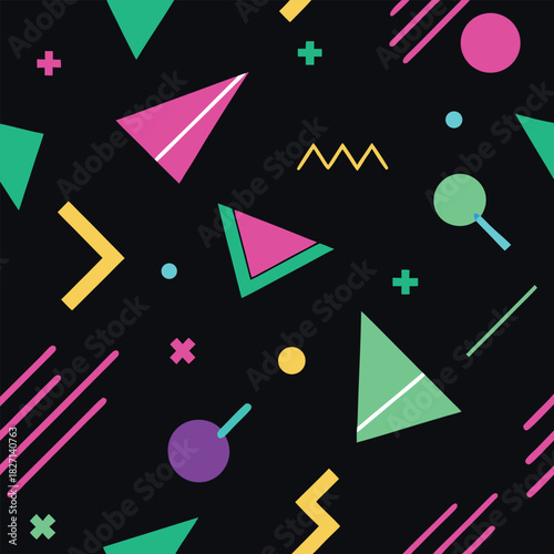Seamless geometric Memphis pattern on black background. Dark mode abstract texture with neon triangles, circles and lines. Modern retro 90s style vector.