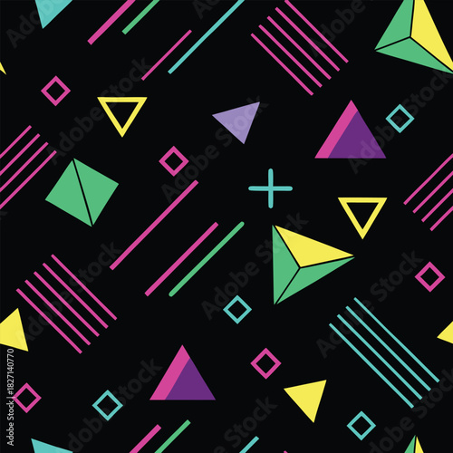 Seamless geometric Memphis pattern on black background. Dark mode abstract texture with neon triangles, circles and lines. Modern retro 90s style vector.