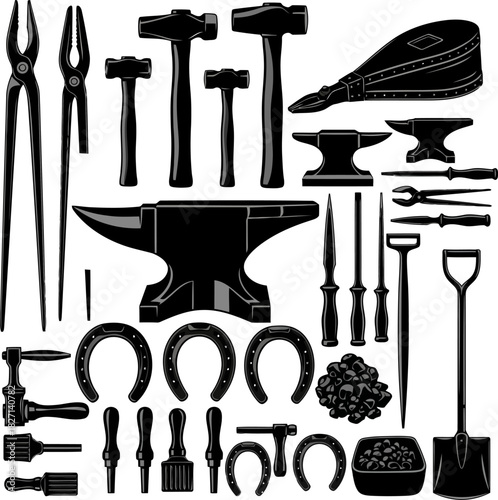 Blacksmith tools vector illustration in black and white for farrier work and horseshoe making