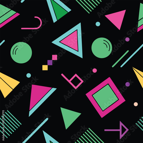 Seamless geometric Memphis pattern on black background. Dark mode abstract texture with neon triangles, circles and lines. Modern retro 90s style vector.