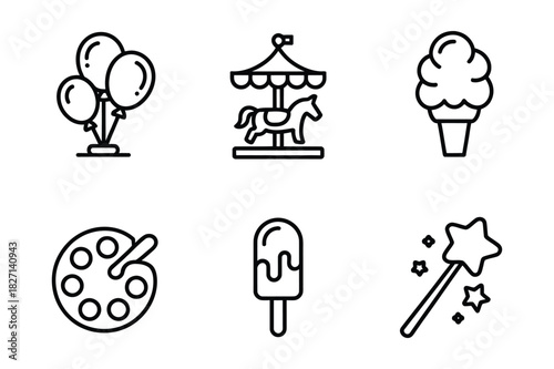 Fun fair icons featuring balloons carousel ice cream and magic wand