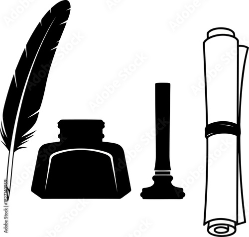 Elegant quill pen and inkwell with scrolled parchment in a classic writing scene