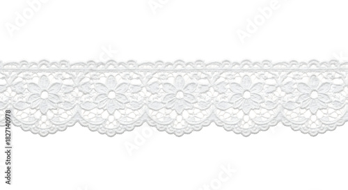 White Eyelet Lace Trim with Floral Pattern and Scalloped Edge, isolated on a white or transparent background, cutout, PNG
