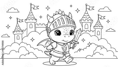 Adorable cartoon baby dragon dressed as a brave medieval knight exploring a