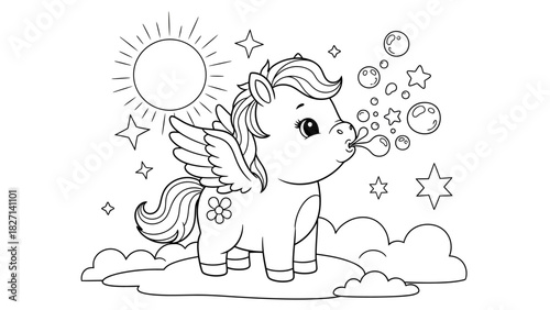 Whimsical unicorn pony blowing bubbles amidst celestial and sunny scenery