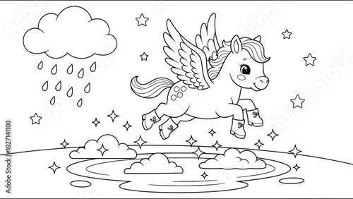 Whimsical Flying Pony with Wings Over Magical Water and Cloudscape