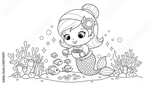 Charming underwater scene featuring a cute mermaid exploring coral reef life