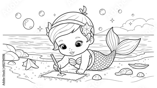 Cute cartoon mermaid with a starfish in a whimsical underwater scene suitable