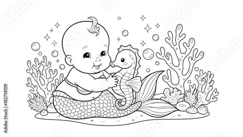 Adorable Merbaby Undersea Adventure with Coral Reefs and Playful Fish