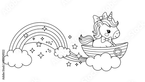 Whimsical unicorn in a boat with magical rainbow and star trail for children