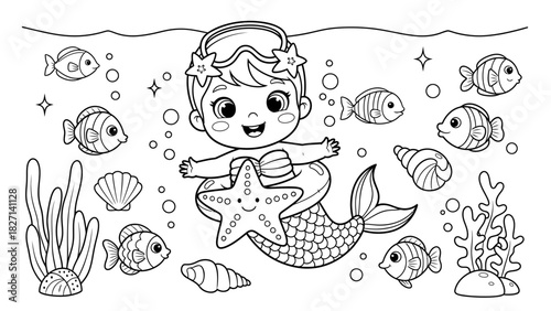 Whimsical Underwater Scene Featuring a Cheerful Mermaid Surrounded by Marine