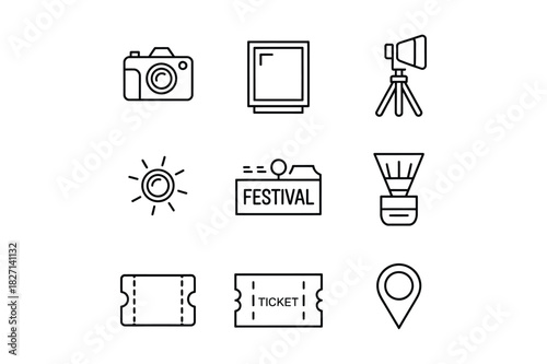 Collection of outline icons representing photography and events
