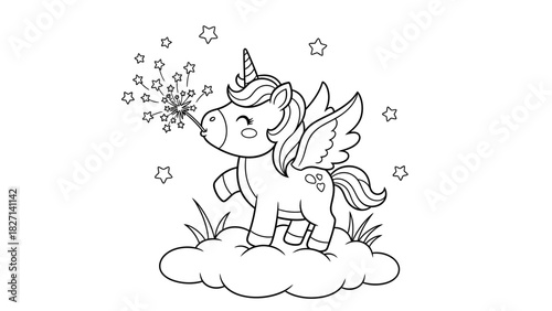 Whimsical unicorn with wings standing on cloud emitting sparkles and stars for