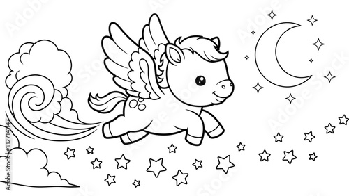 Whimsical flying pony with wings soaring through a starry night sky full of