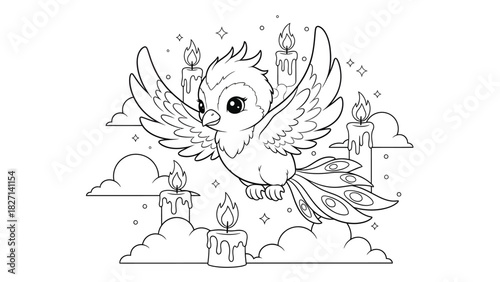 Whimsical line art of a mystical bird surrounded by floating candles and